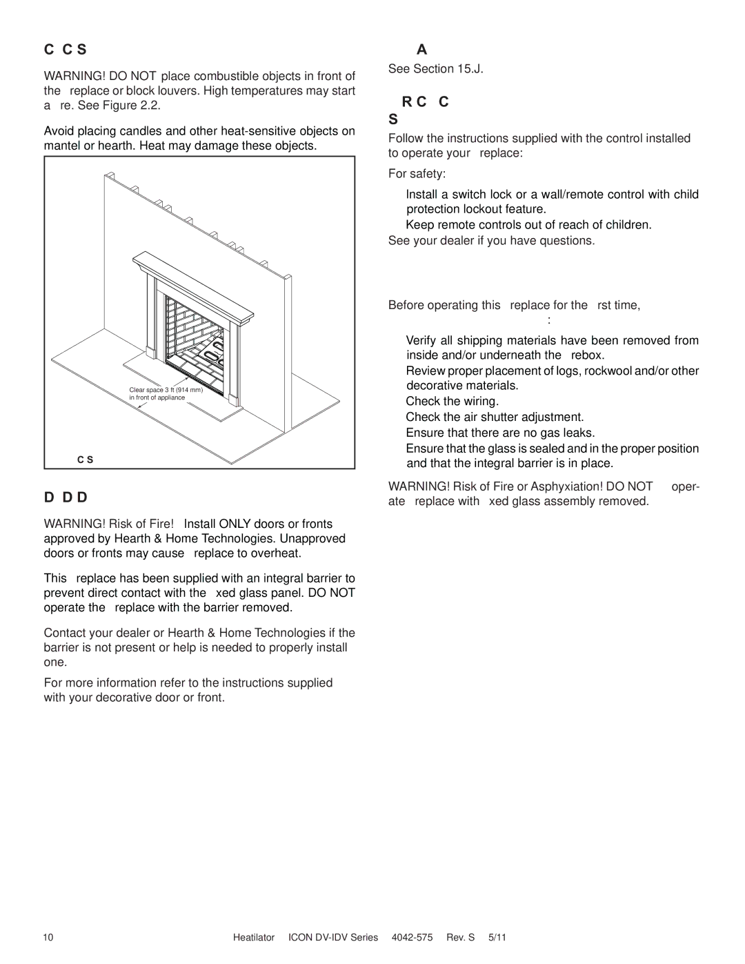 Heatiator IDV4833IT owner manual Clear Space, Decorative Doors and Fronts, Fixed Glass Assembly, Before Lighting Fireplace 