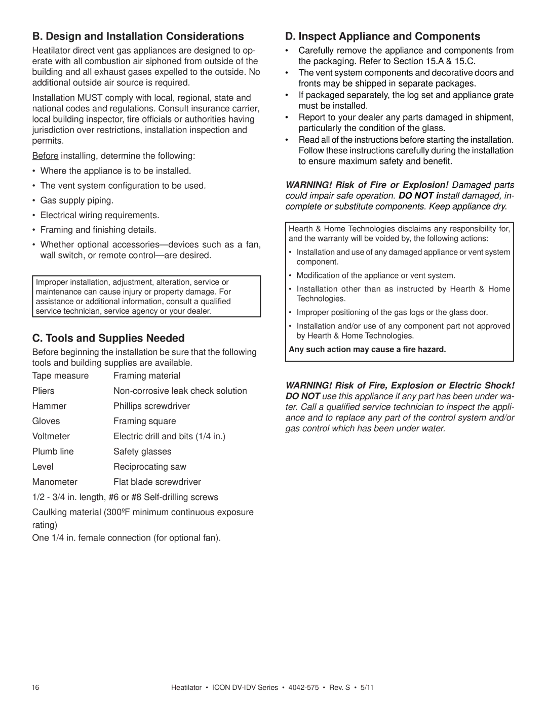 Heatiator IDV4833IT Design and Installation Considerations, Tools and Supplies Needed, Inspect Appliance and Components 