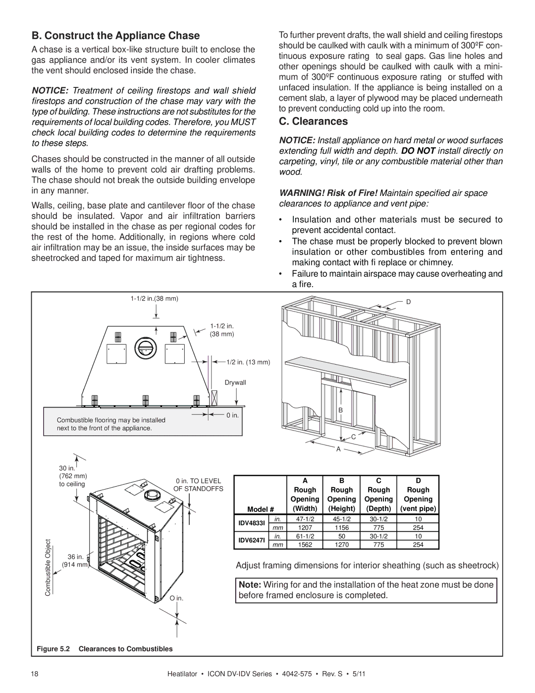 Heatiator IDV4833IT owner manual Construct the Appliance Chase, Clearances 