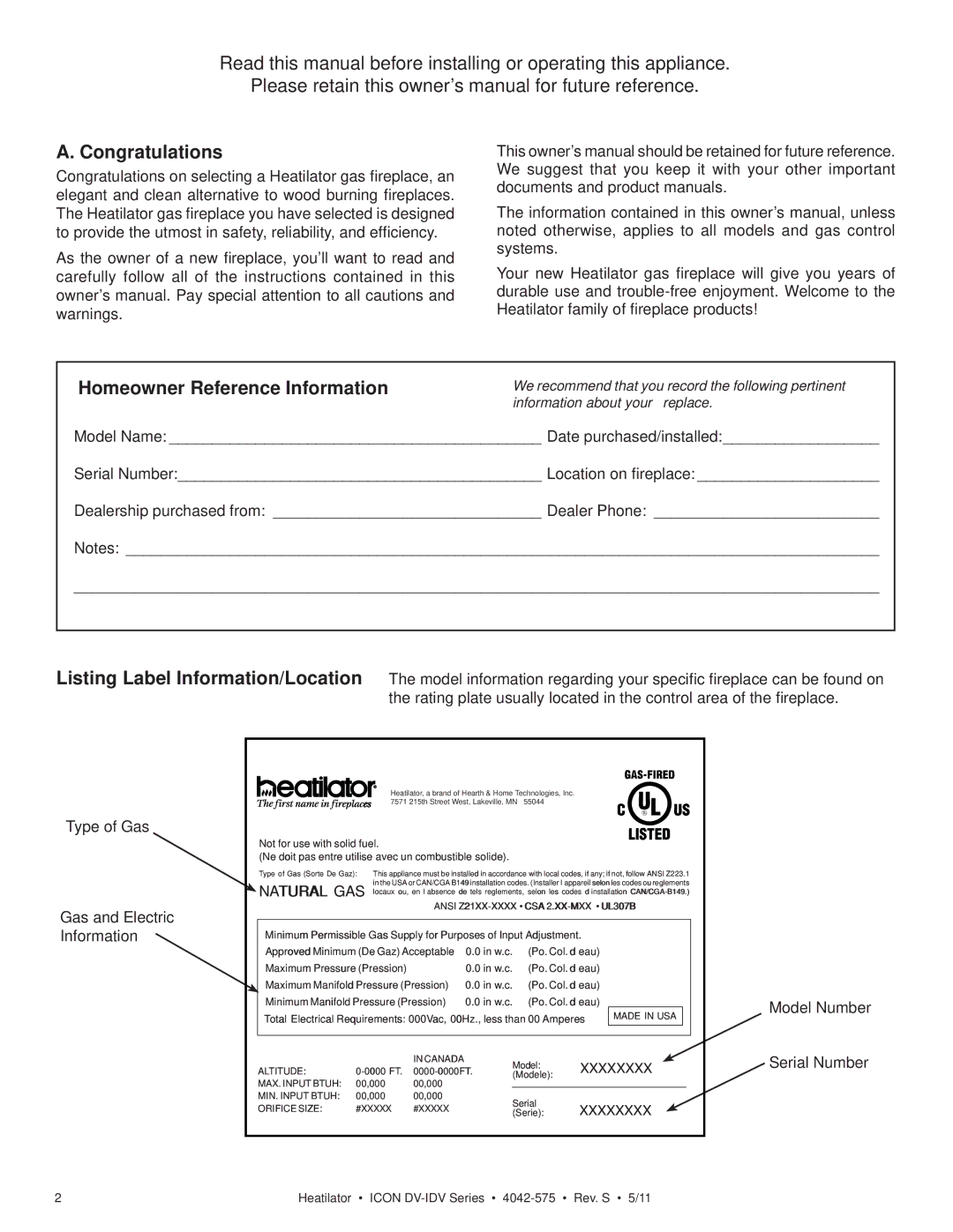 Heatiator IDV4833IT owner manual Congratulations, Homeowner Reference Information 