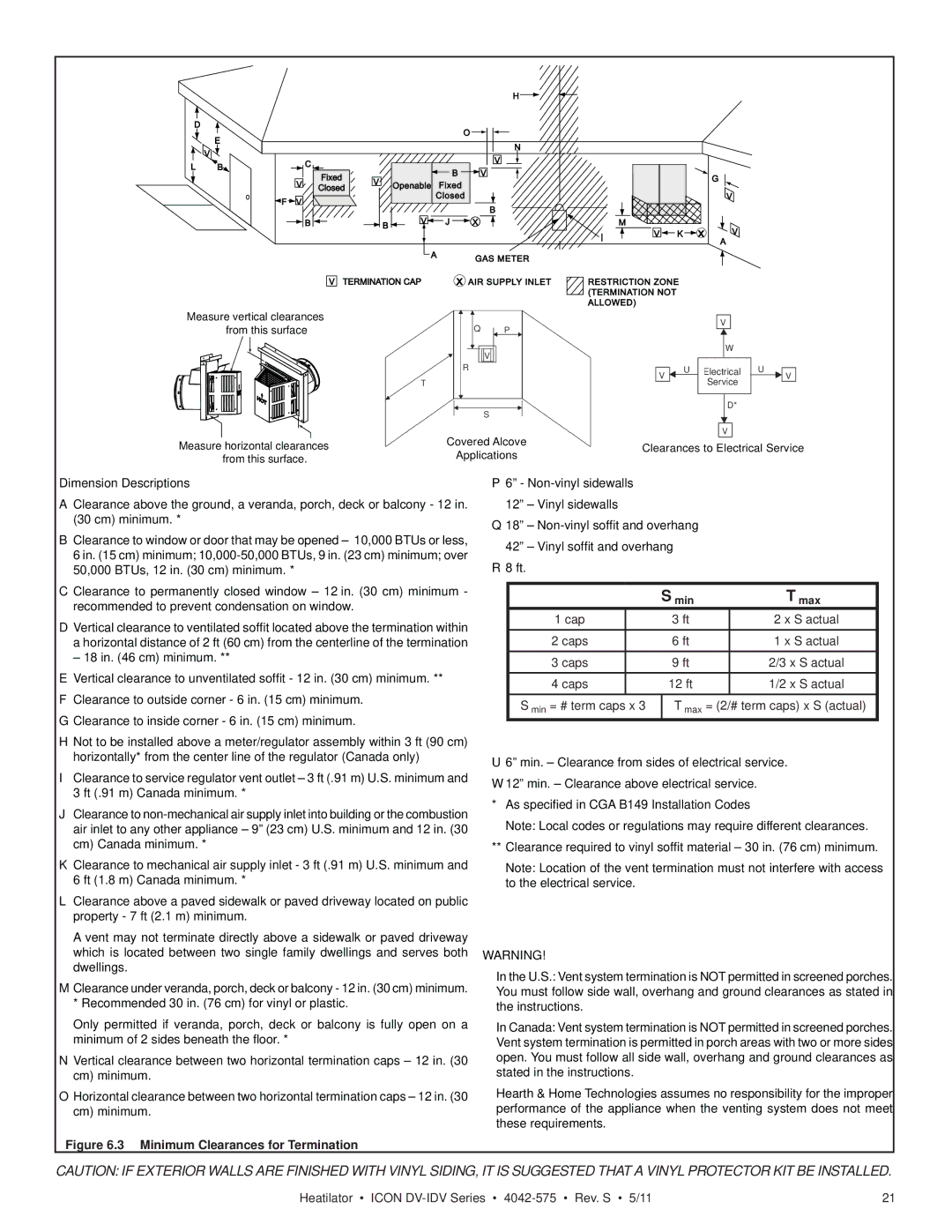 Heatiator IDV4833IT owner manual Minimum Clearances for Termination 