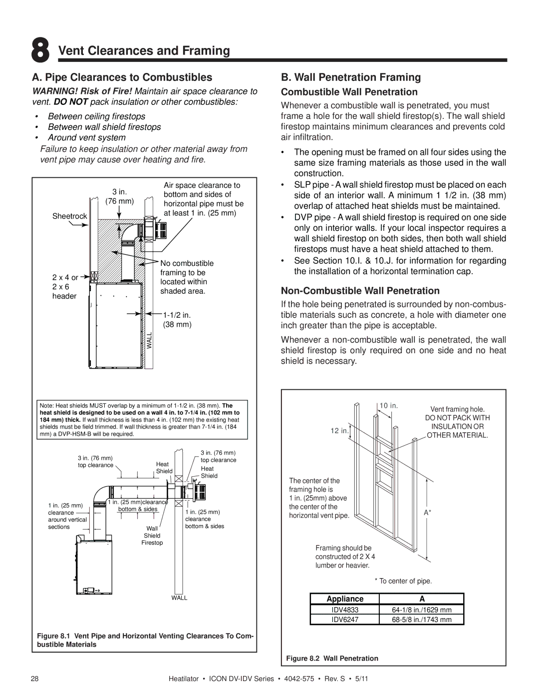 Heatiator IDV4833IT owner manual Vent Clearances and Framing, Pipe Clearances to Combustibles, Wall Penetration Framing 