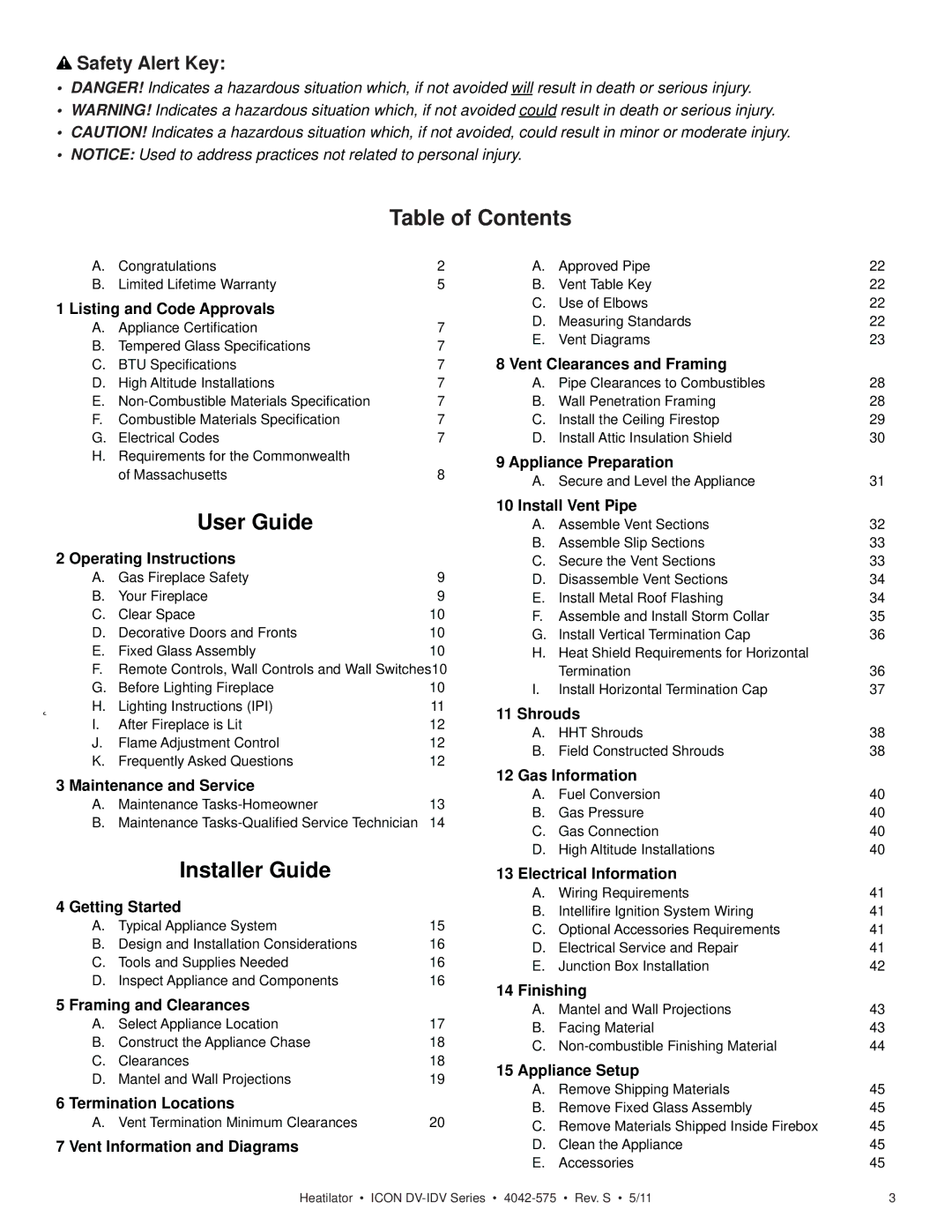 Heatiator IDV4833IT owner manual Table of Contents 