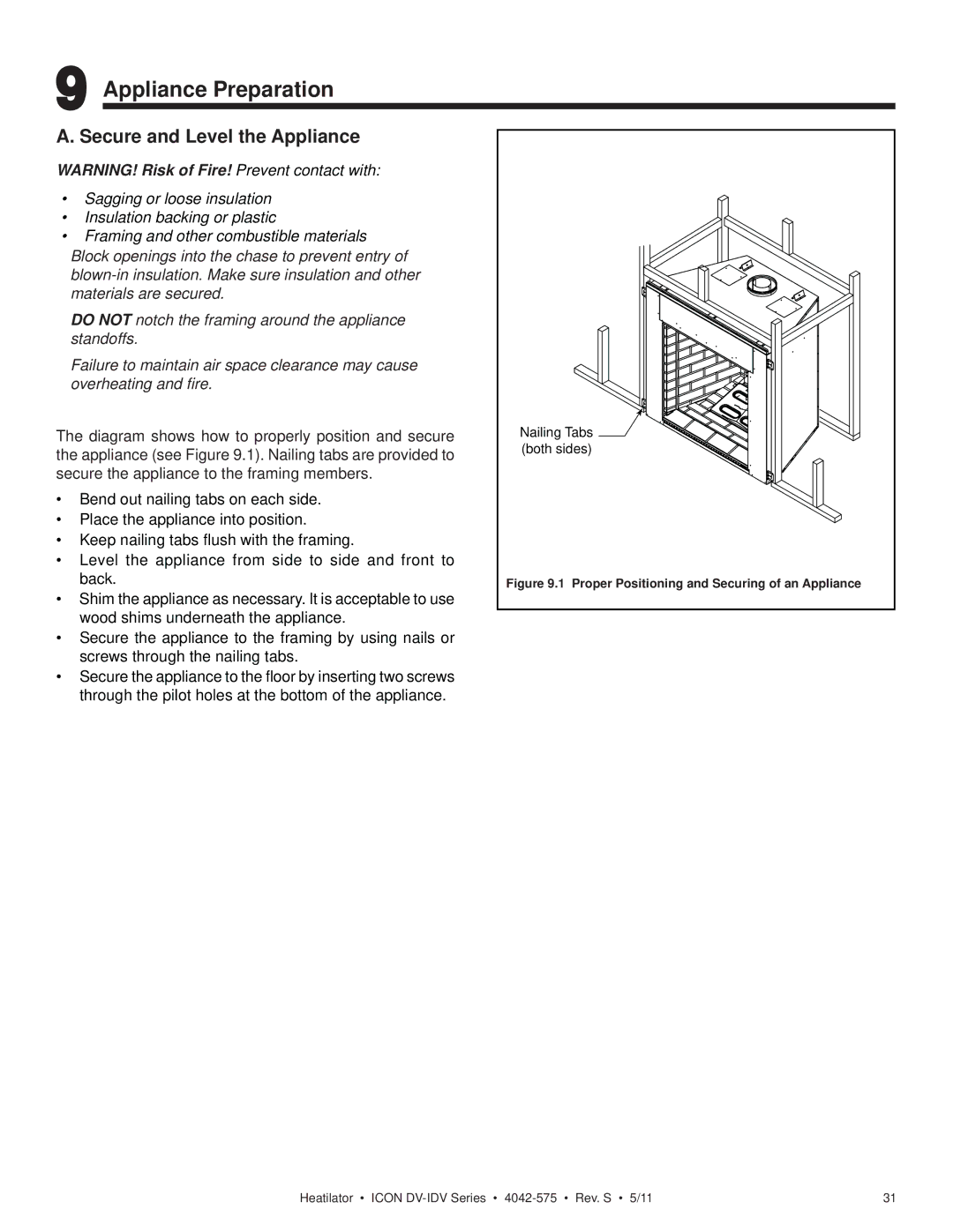 Heatiator IDV4833IT owner manual Appliance Preparation, Secure and Level the Appliance 