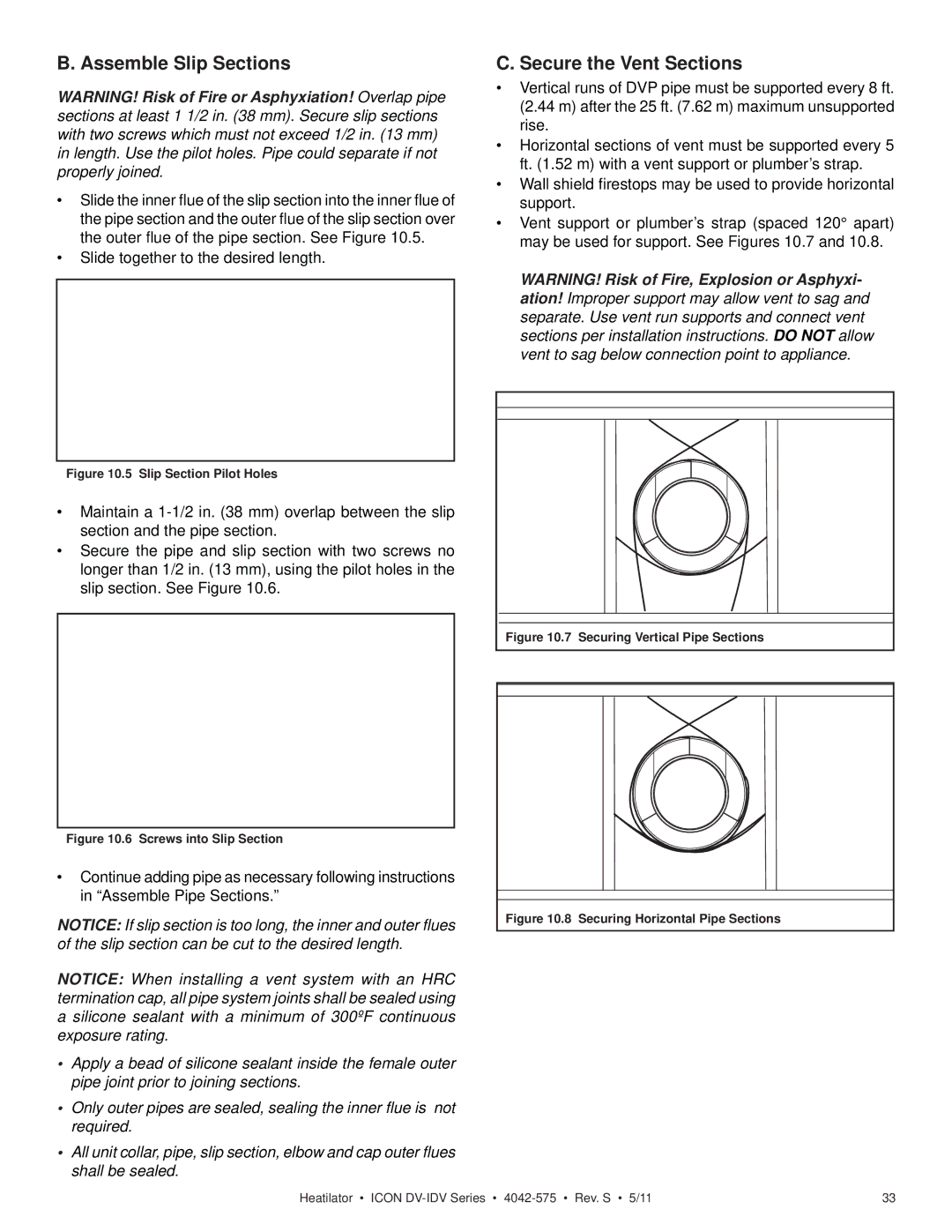 Heatiator IDV4833IT owner manual Assemble Slip Sections, Secure the Vent Sections 