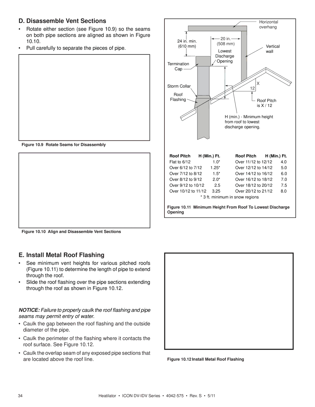 Heatiator IDV4833IT owner manual Disassemble Vent Sections, Install Metal Roof Flashing 