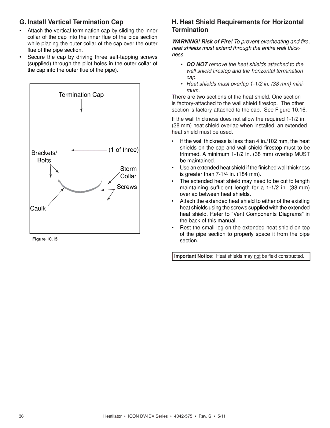 Heatiator IDV4833IT owner manual Install Vertical Termination Cap, Heat Shield Requirements for Horizontal Termination 