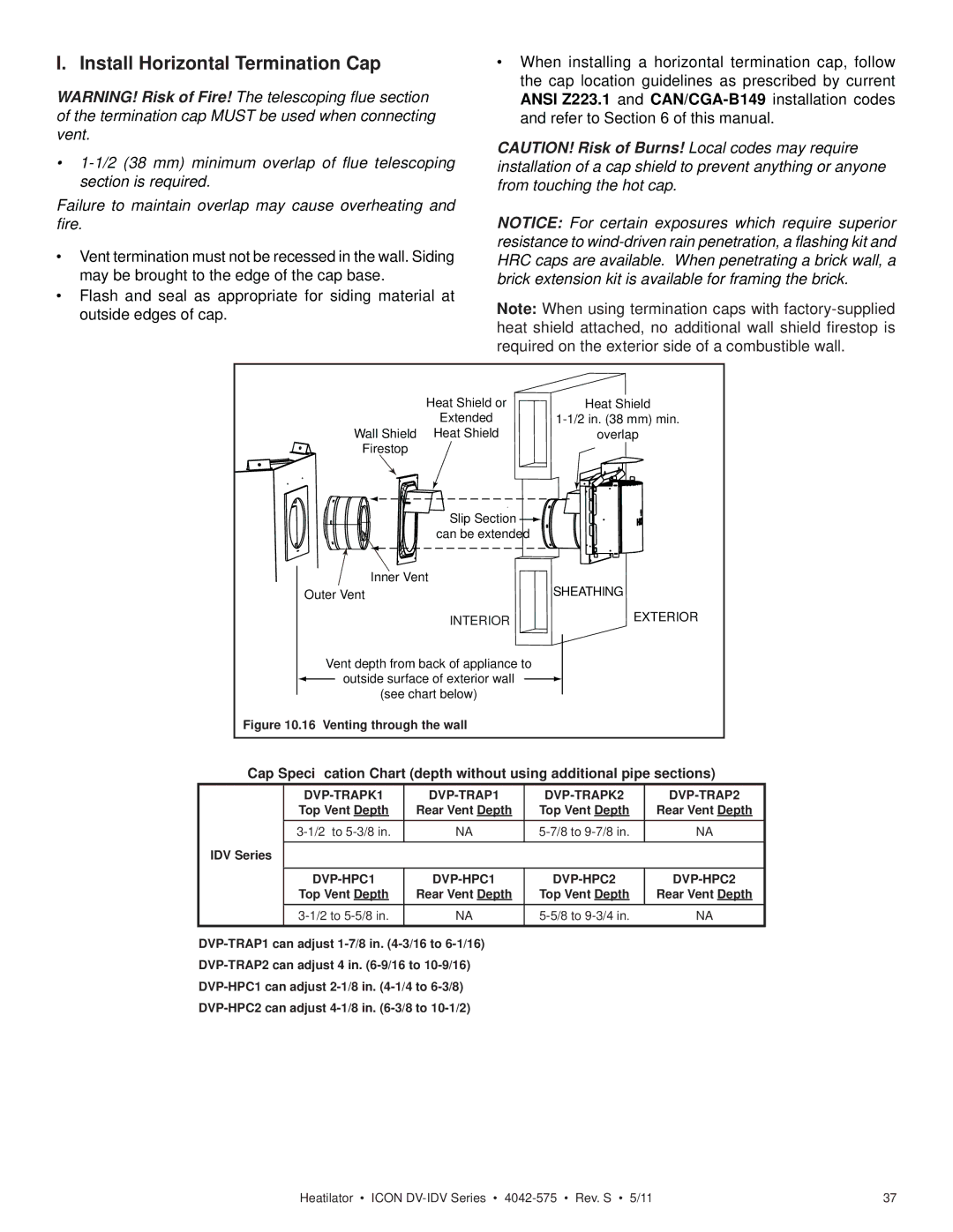 Heatiator IDV4833IT owner manual Install Horizontal Termination Cap, Interior 