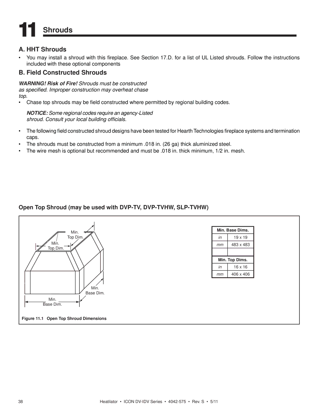 Heatiator IDV4833IT owner manual HHT Shrouds, Field Constructed Shrouds 