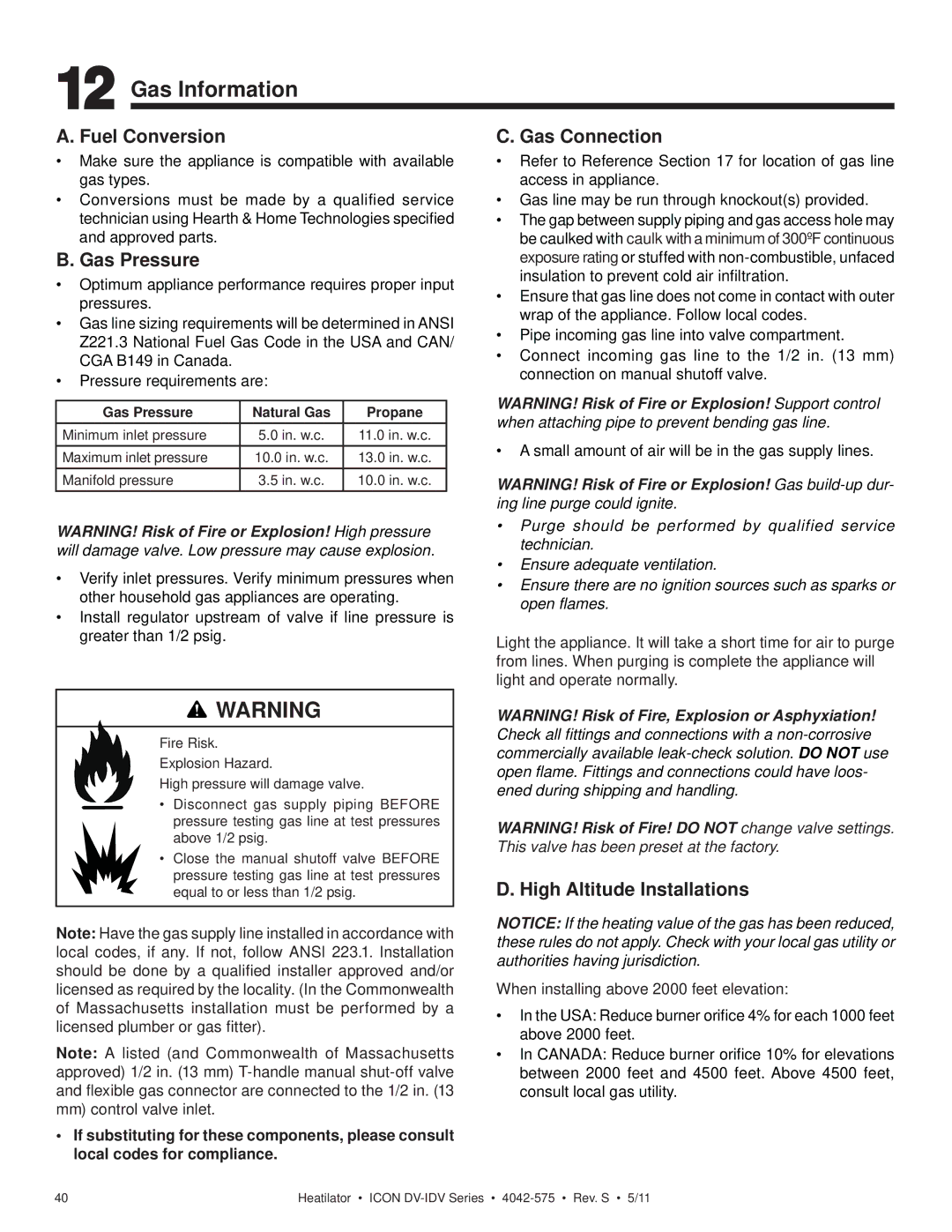 Heatiator IDV4833IT owner manual Gas Information, Fuel Conversion, Gas Pressure, Gas Connection 