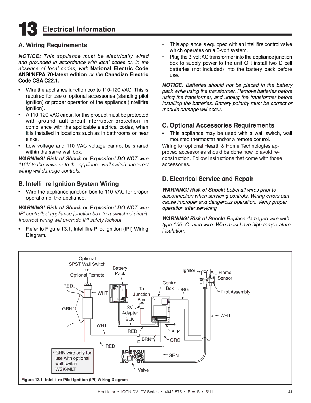 Heatiator IDV4833IT owner manual Electrical Information, Wiring Requirements, Optional Accessories Requirements 