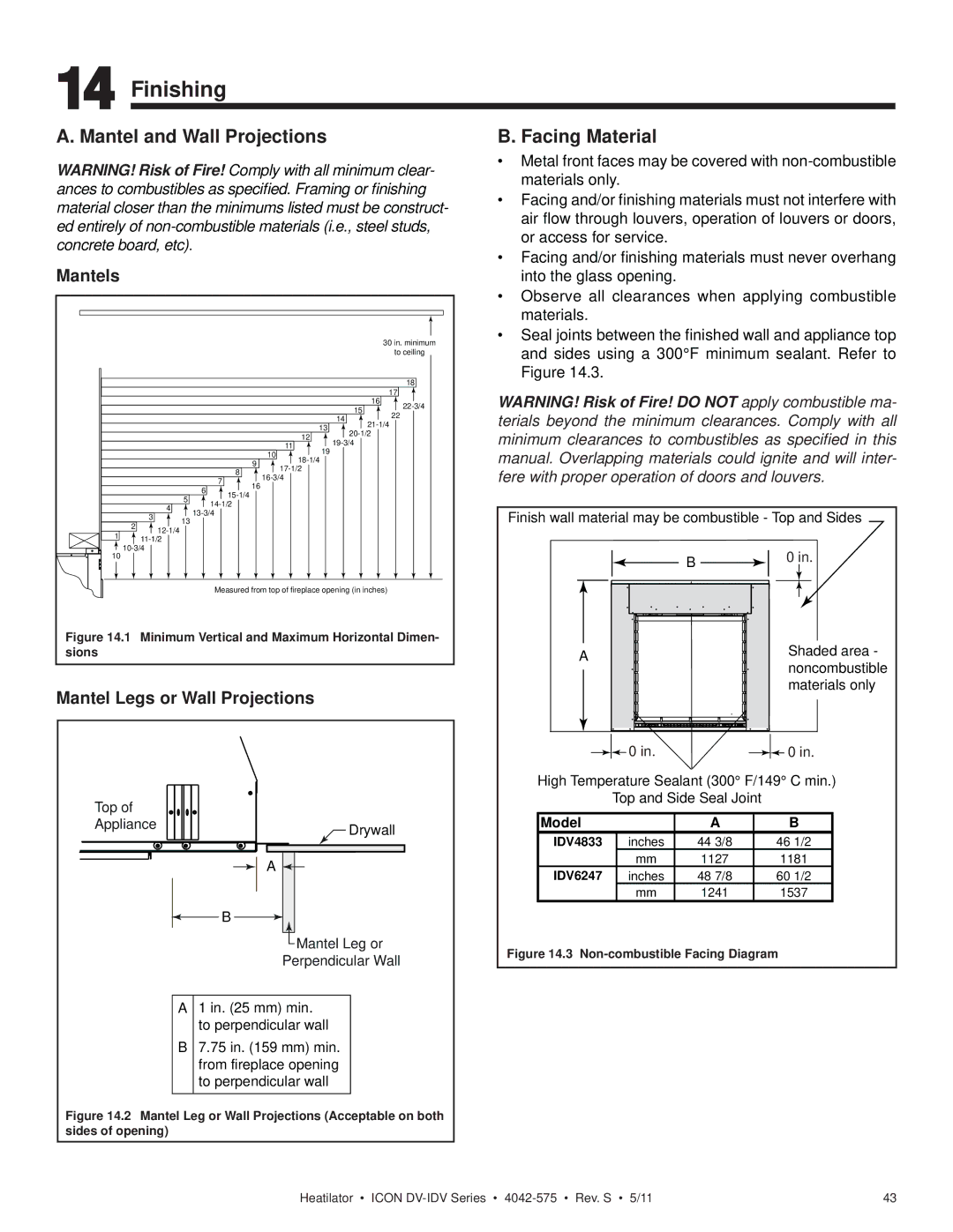 Heatiator IDV4833IT owner manual Finishing, Facing Material 