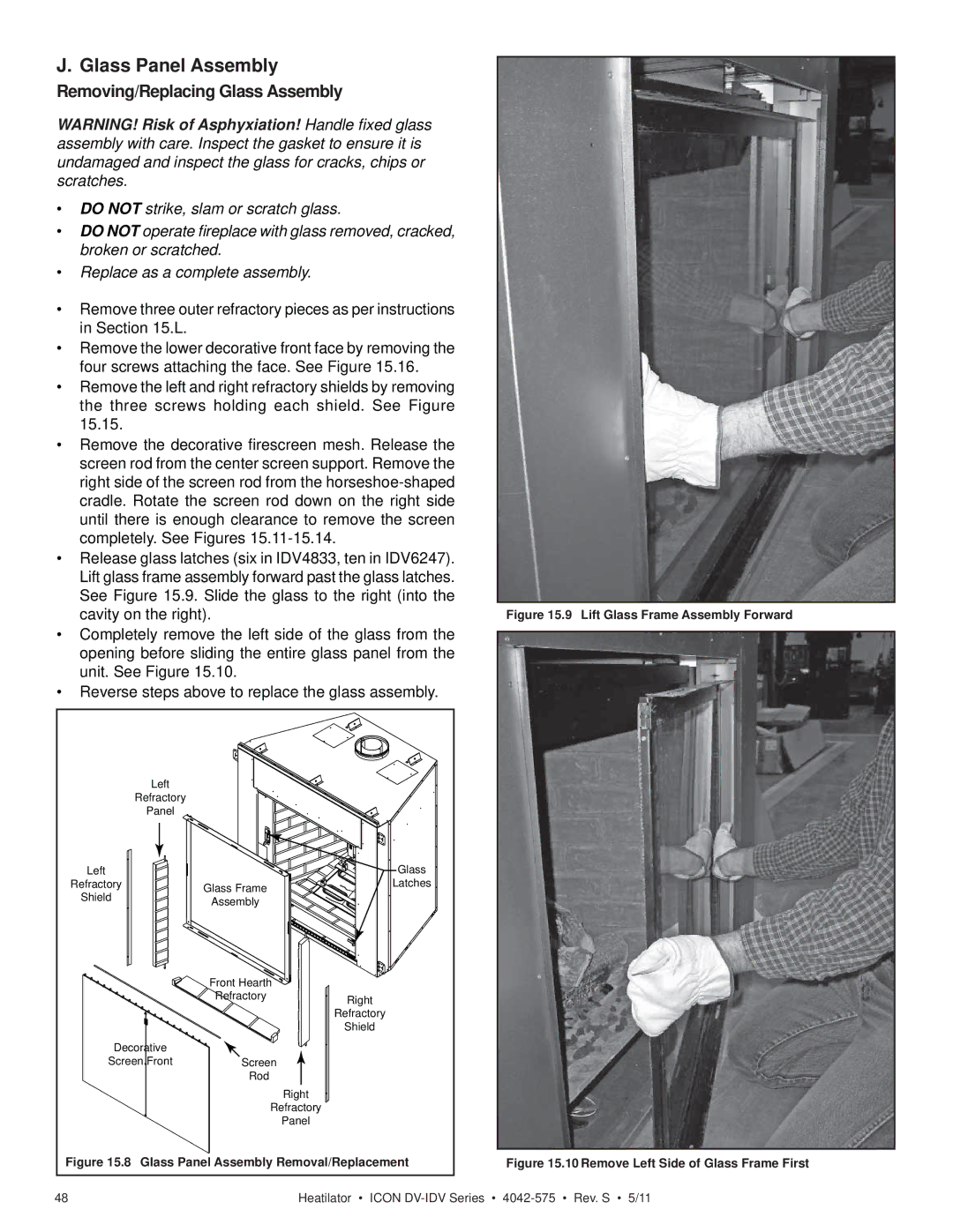 Heatiator IDV4833IT owner manual Glass Panel Assembly, Removing/Replacing Glass Assembly 