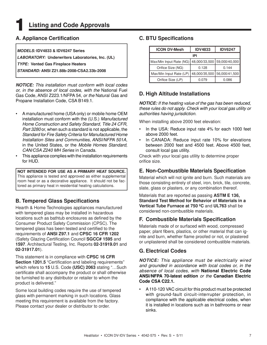 Heatiator IDV4833IT owner manual Listing and Code Approvals 