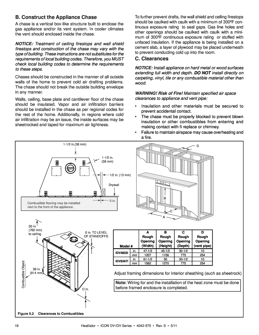 Heatiator IDV4833IT owner manual B. Construct the Appliance Chase, C. Clearances 