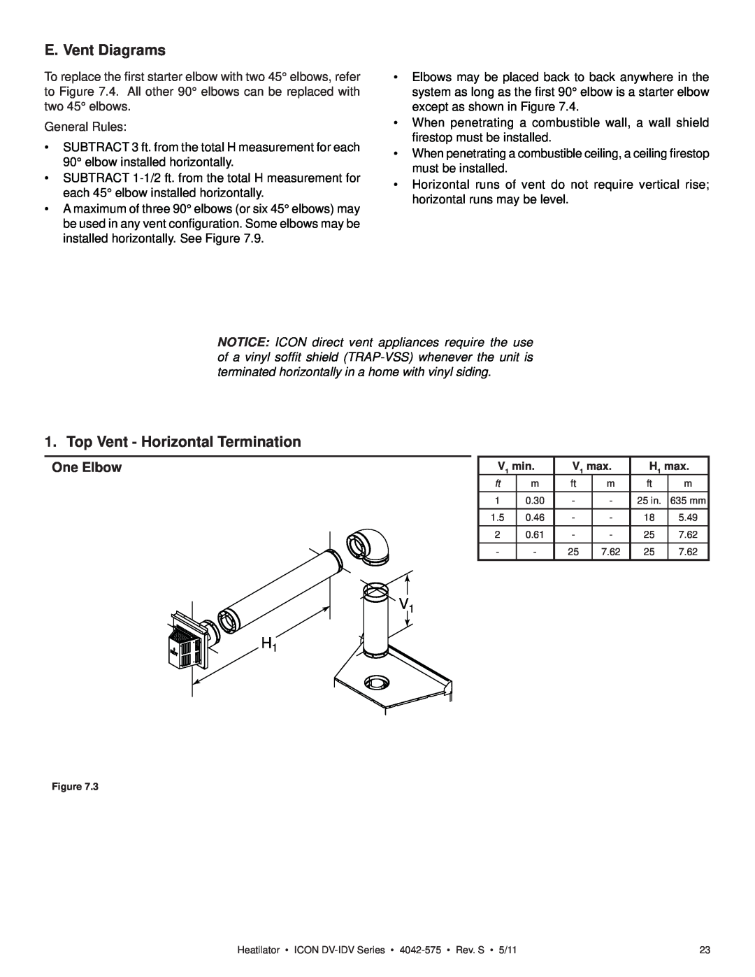 Heatiator IDV4833IT owner manual E. Vent Diagrams, Top Vent - Horizontal Termination, V1 H1, One Elbow 