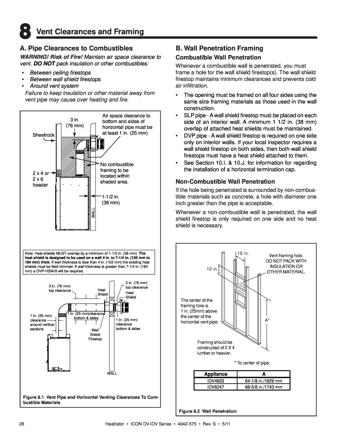Heatiator IDV4833IT Vent Clearances and Framing, A. Pipe Clearances to Combustibles, B. Wall Penetration Framing 