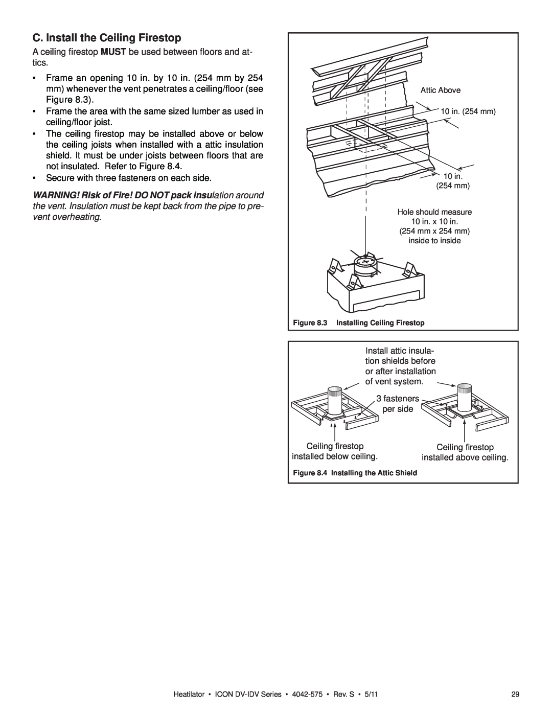 Heatiator IDV4833IT owner manual C. Install the Ceiling Firestop 