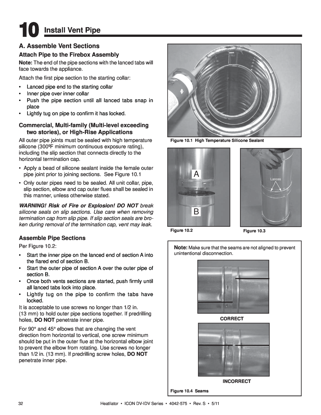 Heatiator IDV4833IT owner manual Install Vent Pipe, A. Assemble Vent Sections, Attach Pipe to the Firebox Assembly 