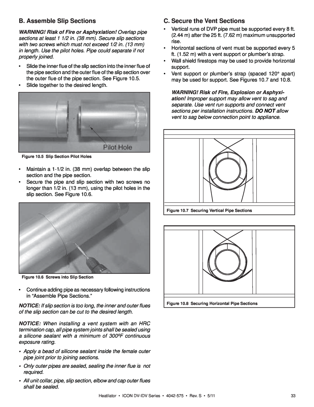 Heatiator IDV4833IT owner manual B. Assemble Slip Sections, C. Secure the Vent Sections 