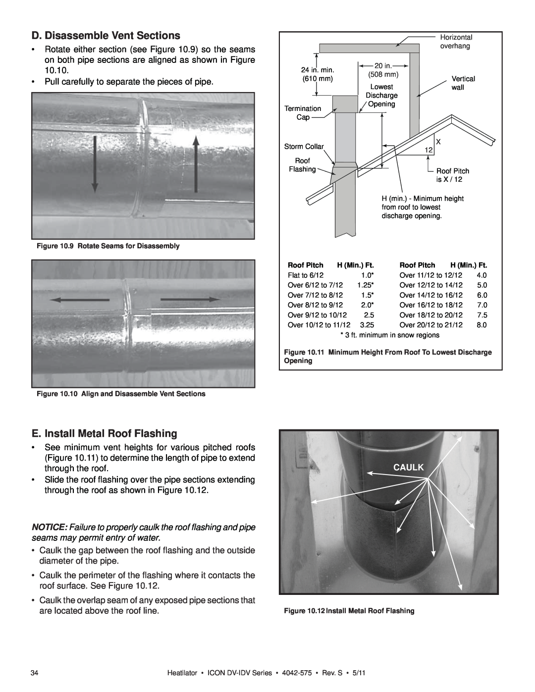 Heatiator IDV4833IT owner manual D. Disassemble Vent Sections, E. Install Metal Roof Flashing, Caulk 