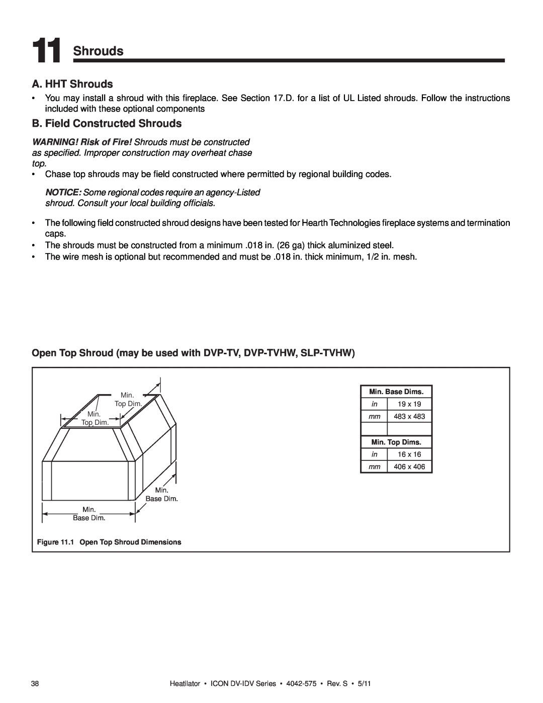 Heatiator IDV4833IT owner manual A. HHT Shrouds, B. Field Constructed Shrouds 