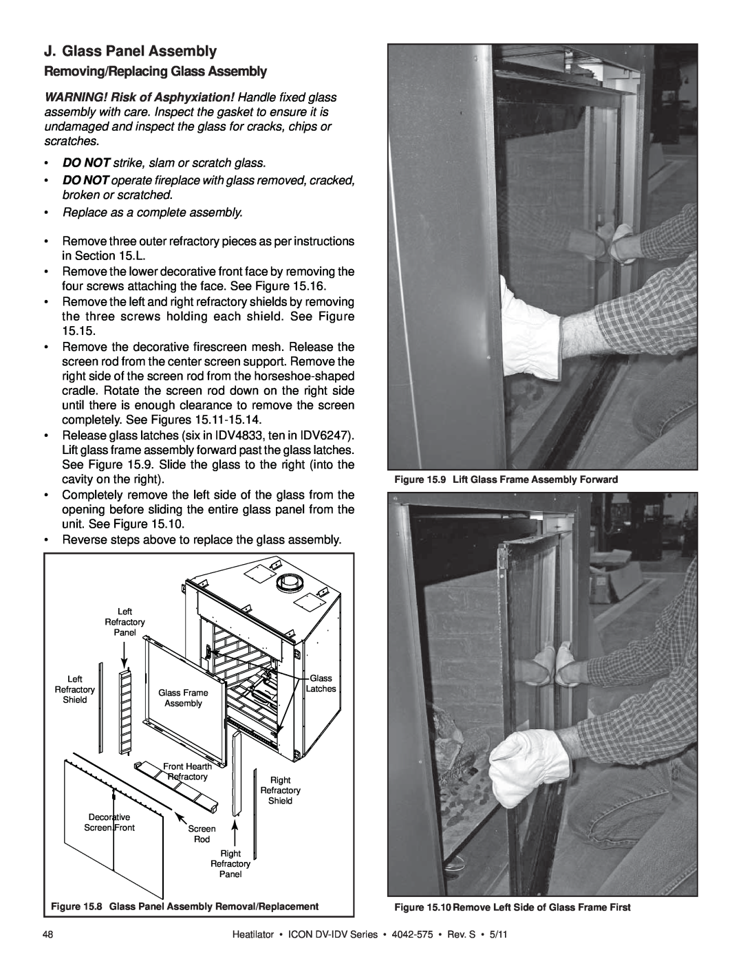 Heatiator IDV4833IT owner manual J.Glass Panel Assembly, Removing/Replacing Glass Assembly 