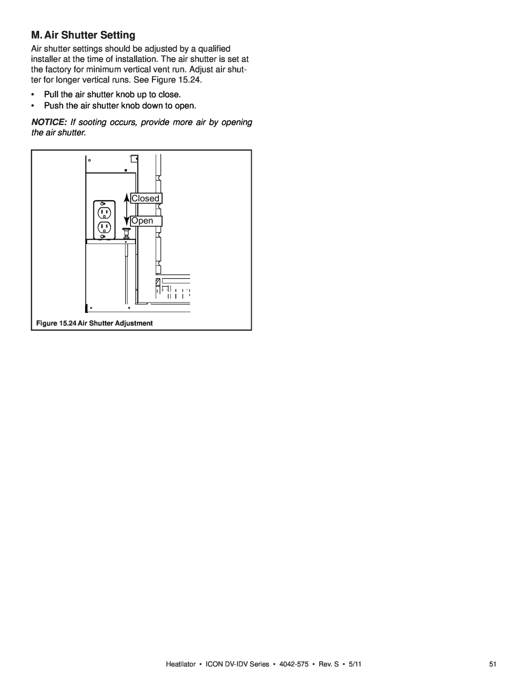 Heatiator IDV4833IT owner manual M. Air Shutter Setting, Open 