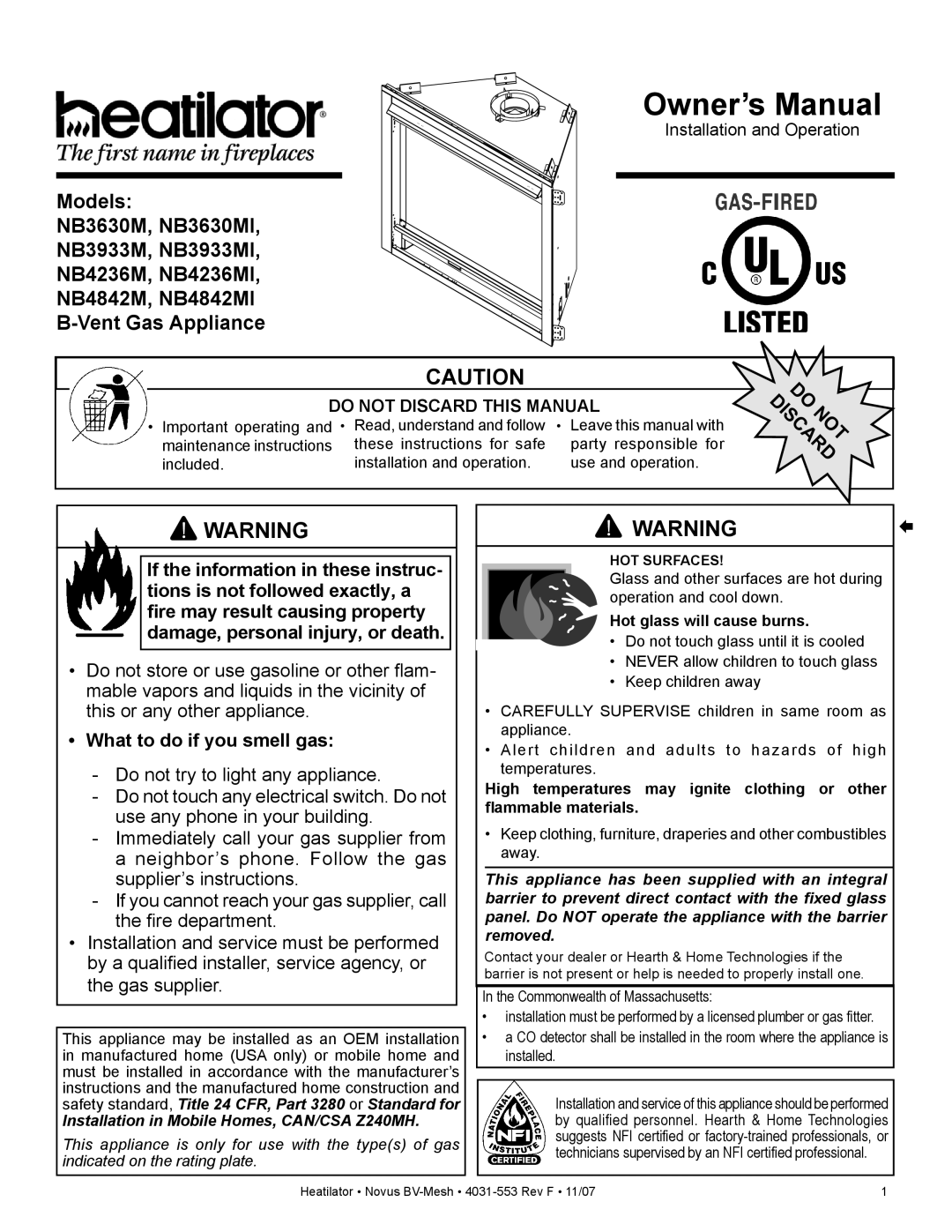 Heatiator NB4236MI, NB4842MI, NB3933MI, NB3630MI owner manual What to do if you smell gas, Hot glass will cause burns 