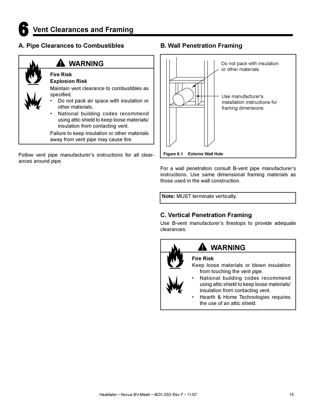 Heatiator NB3933M, NB4842M, NB4236MI Vent Clearances and Framing, Pipe Clearances to Combustibles, Wall Penetration Framing 