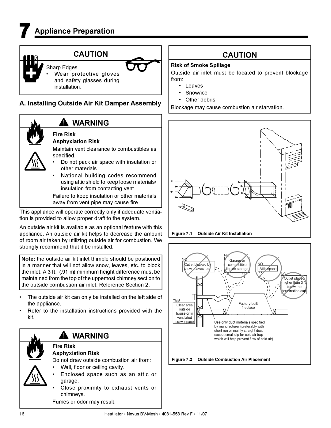 Heatiator NB4842M, NB4236MI Appliance Preparation, Installing Outside Air Kit Damper Assembly, Risk of Smoke Spillage 