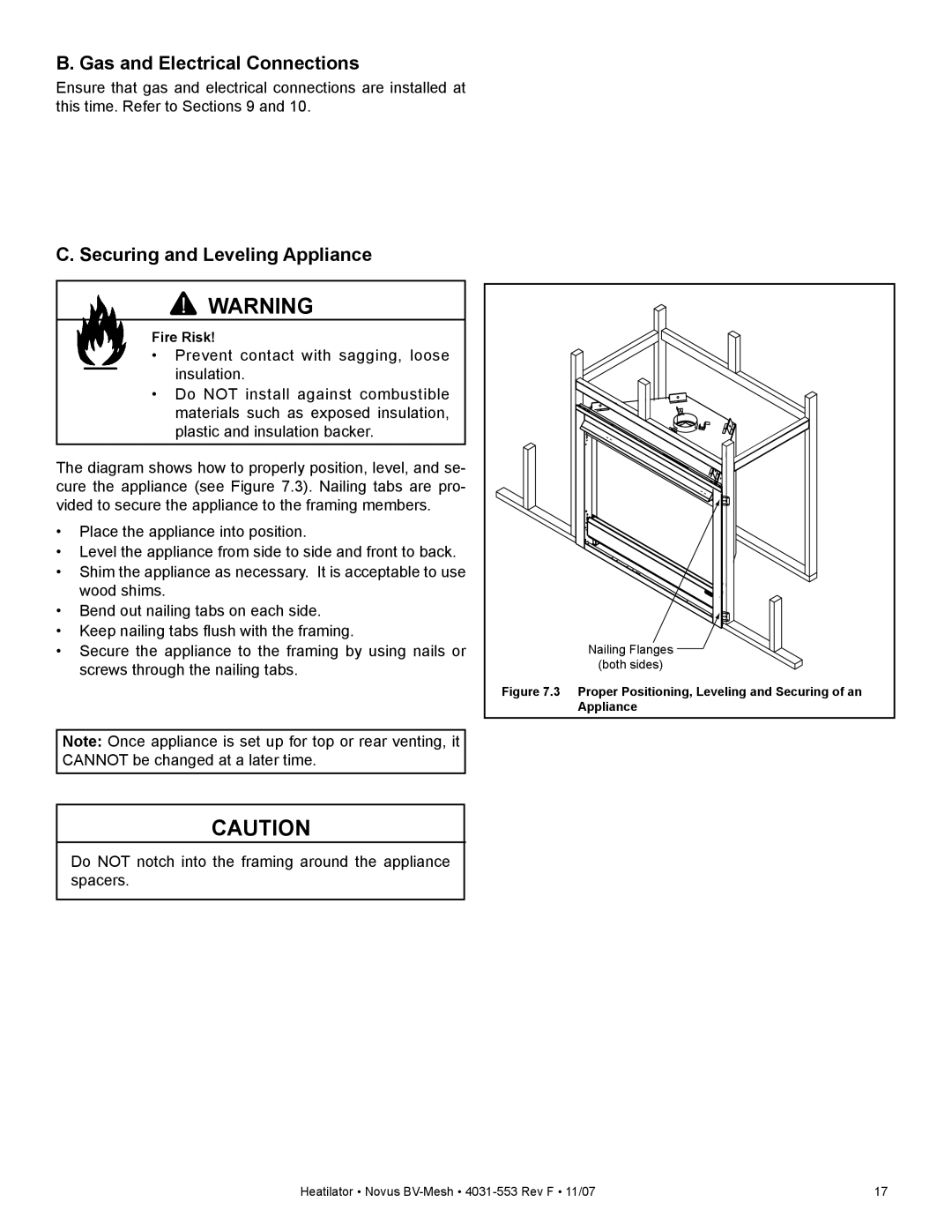 Heatiator NB4236MI, NB4842MI, NB3933MI, NB3630MI Gas and Electrical Connections, Securing and Leveling Appliance 