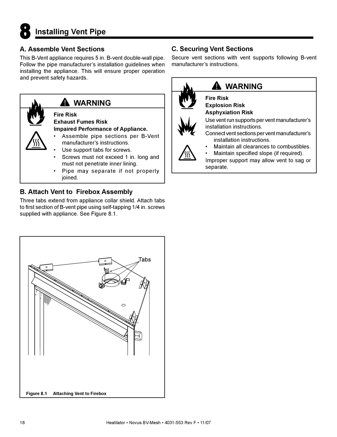 Heatiator NB4842MI Installing Vent Pipe, Assemble Vent Sections, Securing Vent Sections, Attach Vent to Firebox Assembly 