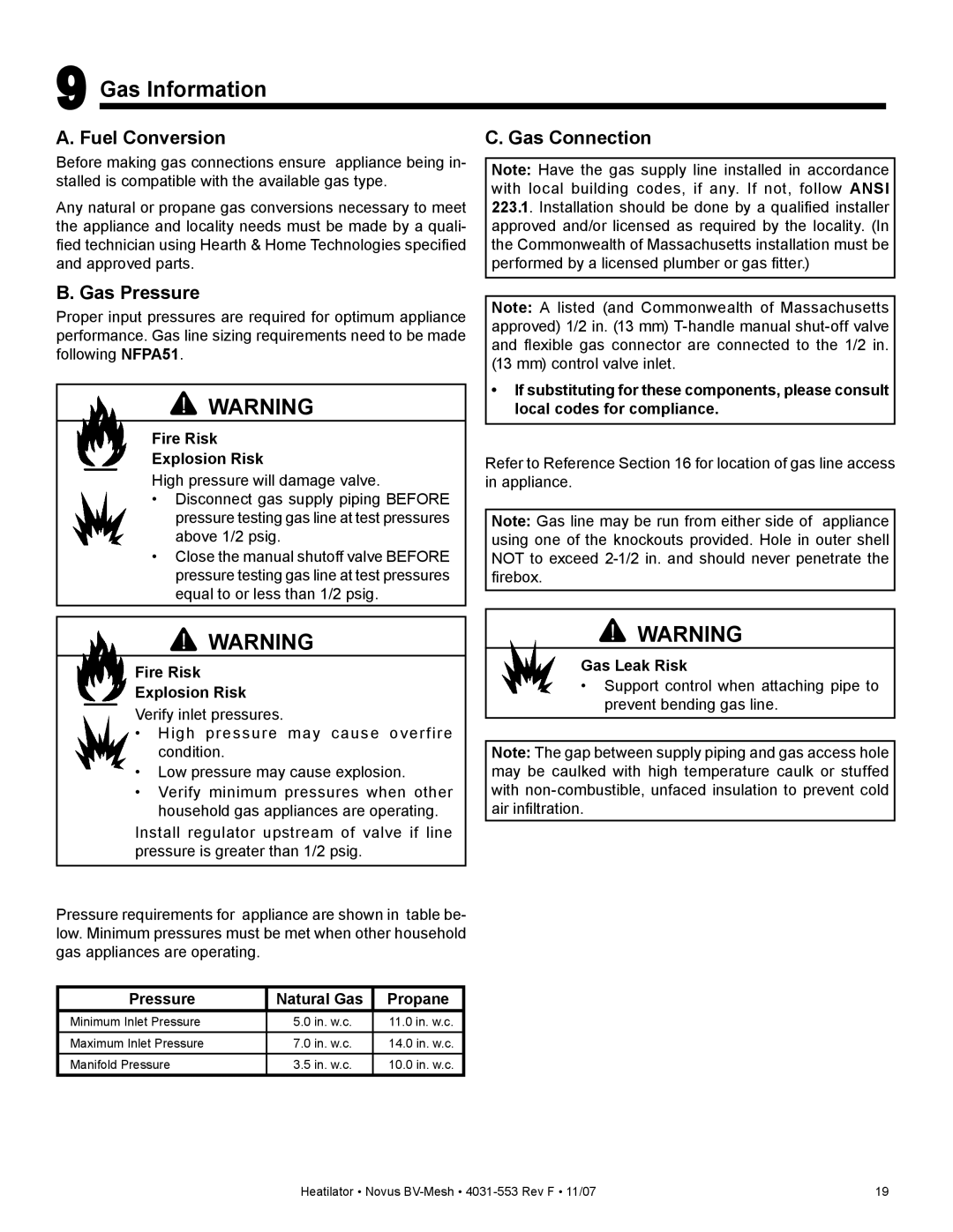 Heatiator NB4236M, NB4842M Gas Information, Fuel Conversion Gas Connection, Gas Pressure, Pressure Natural Gas Propane 