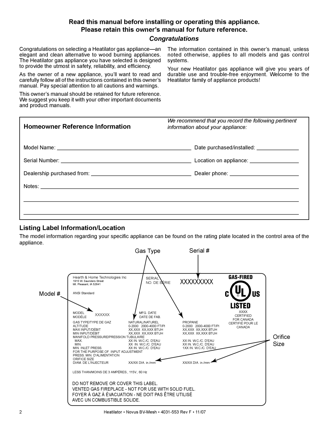 Heatiator NB4842MI, NB4236MI, NB3933MI, NB3630MI owner manual Congratulations, Listing Label Information/Location 