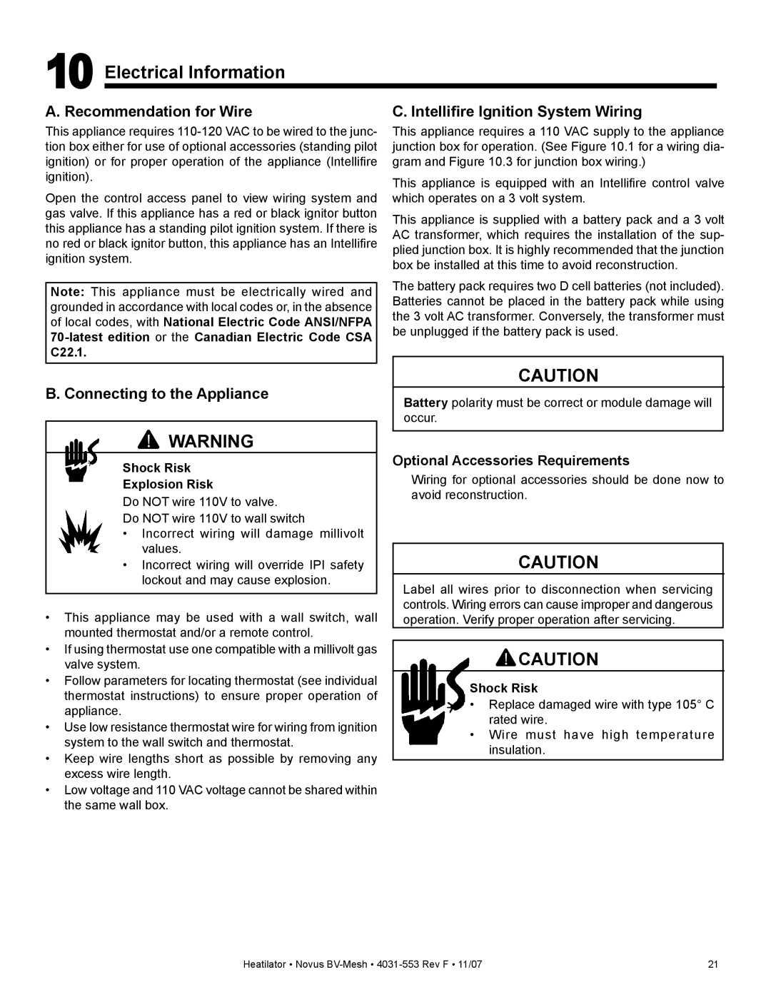 Heatiator NB3630MI, NB4236MI, NB4842MI Electrical Information, Recommendation for Wire, Connecting to the Appliance 