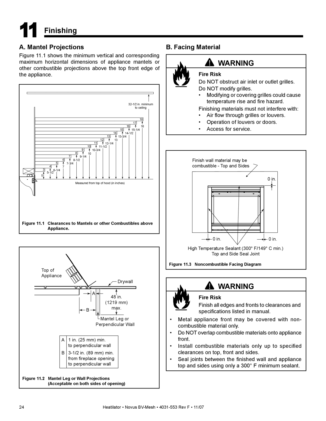 Heatiator NB4236MI, NB4842MI, NB3933MI, NB3630MI owner manual Finishing, Facing Material 