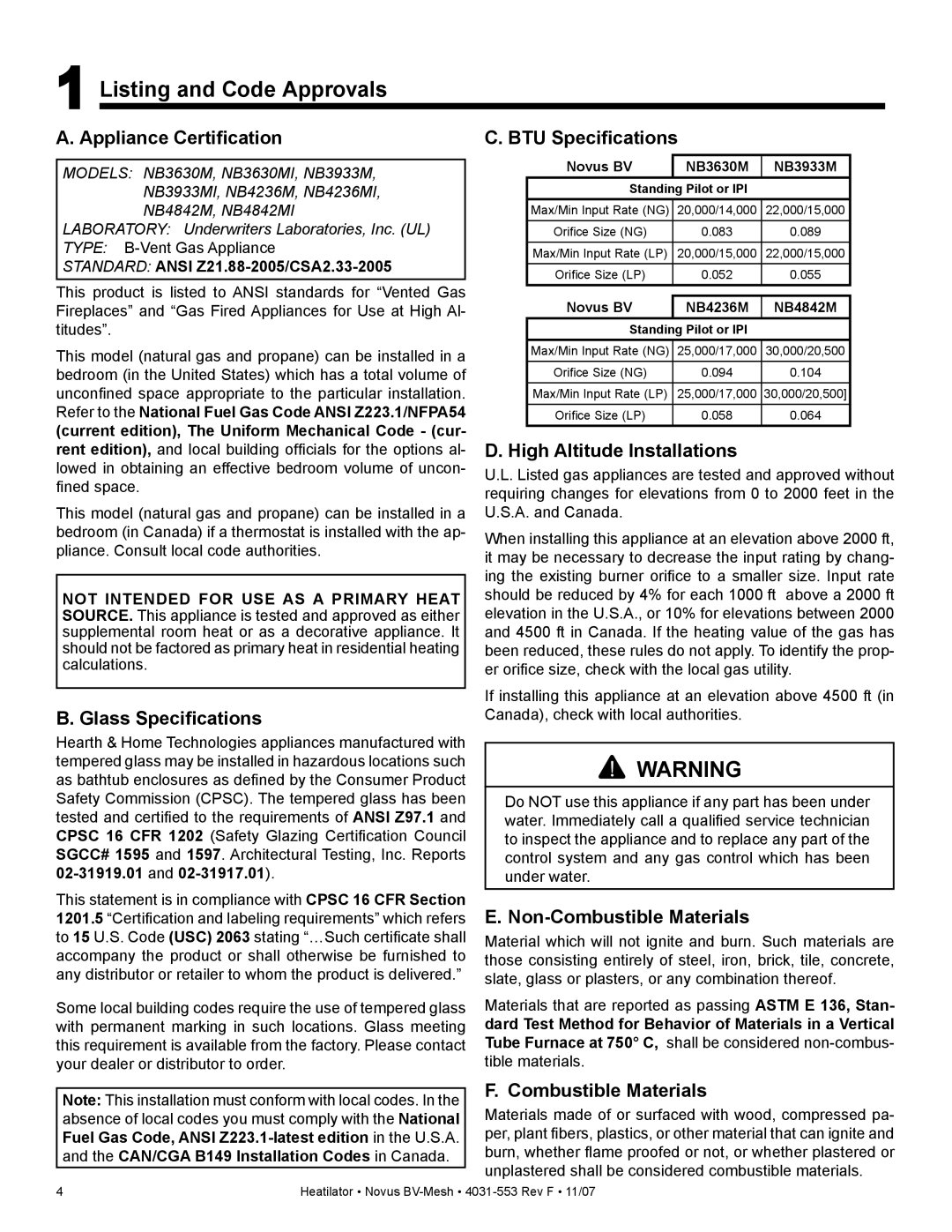 Heatiator NB3933MI, NB4236MI, NB4842MI, NB3630MI owner manual Listing and Code Approvals 