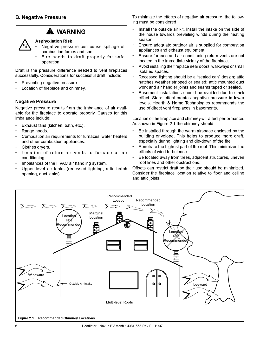 Heatiator NB4236MI, NB4842MI, NB3933MI, NB3630MI owner manual Negative Pressure, Asphyxiation Risk 