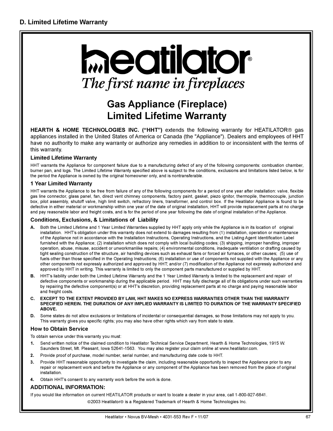 Heatiator NB4236M Limited Lifetime Warranty, Year Limited Warranty, Conditions, Exclusions, & Limitations of Liability 