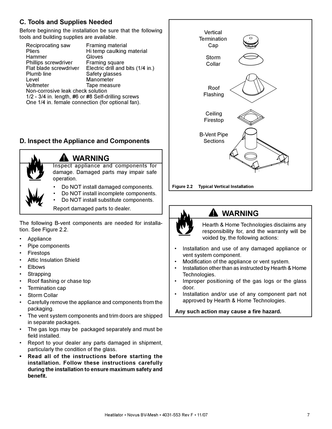 Heatiator NB3933M Tools and Supplies Needed, Inspect the Appliance and Components, Any such action may cause a ﬁre hazard 