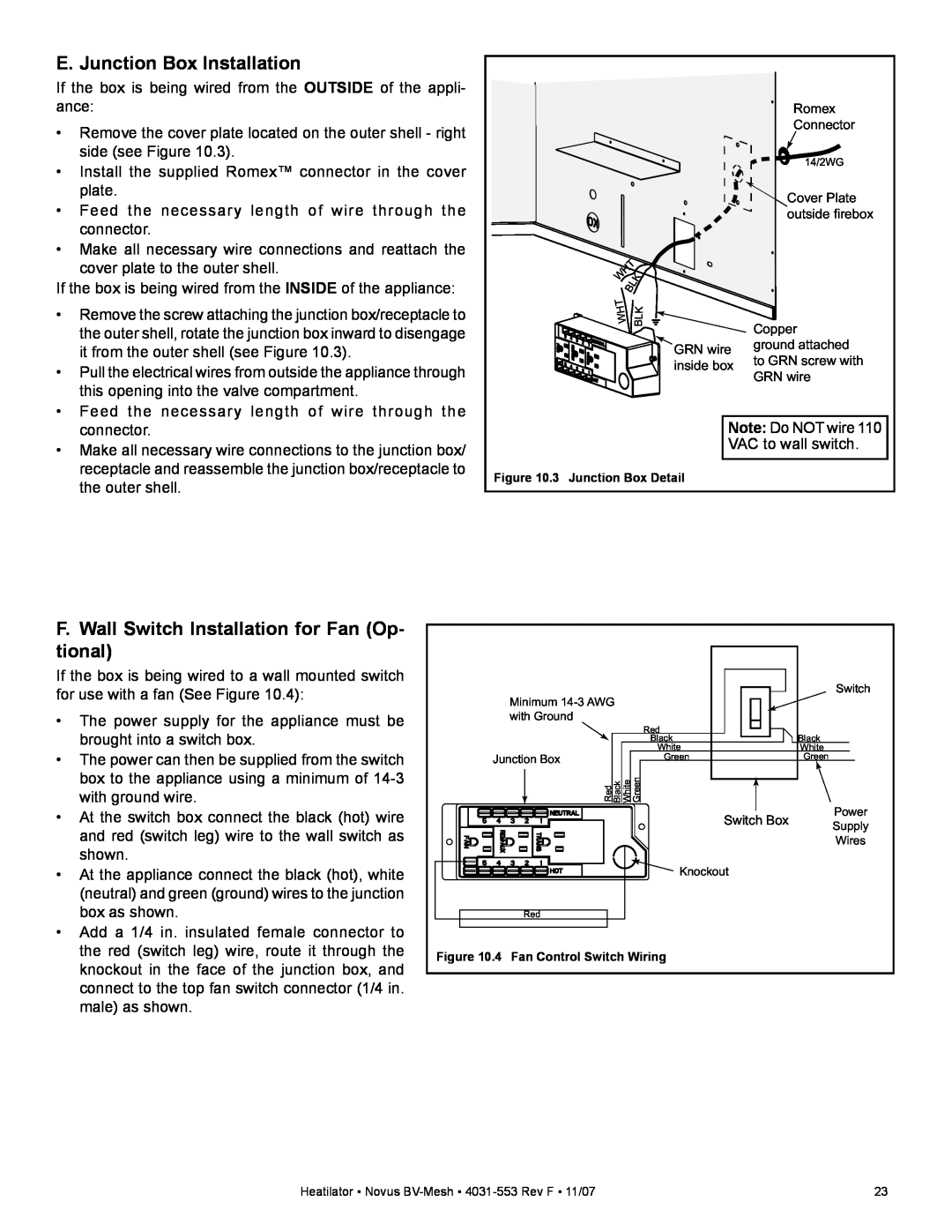 Heatiator NB3933M, NB4236MI, NB4842MI E. Junction Box Installation, F.Wall Switch Installation for Fan Op- tional 