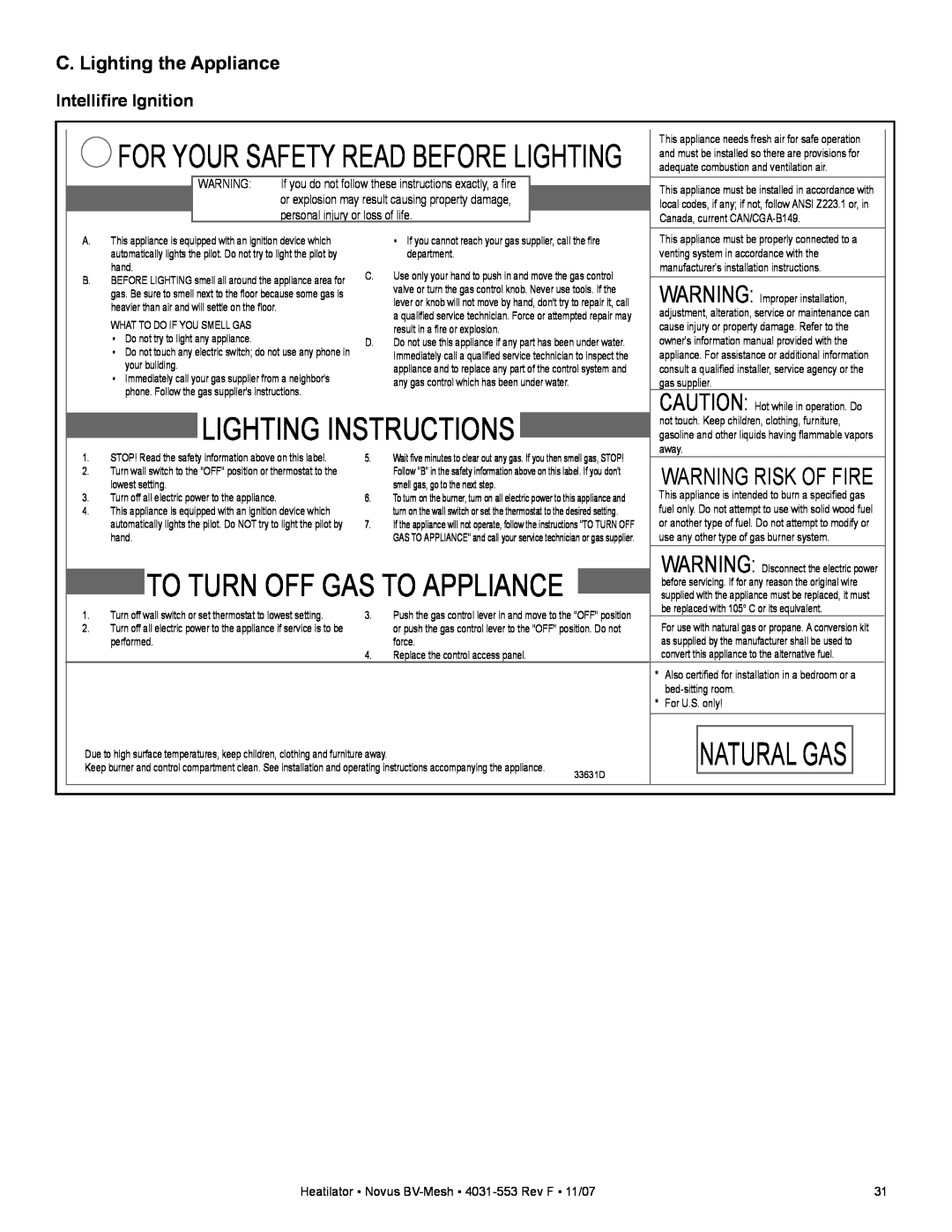 Heatiator NB3933M Warning Risk Of Fire, C. Lighting the Appliance, Natural Gas, Lighting Instructions, Intelliﬁre Ignition 