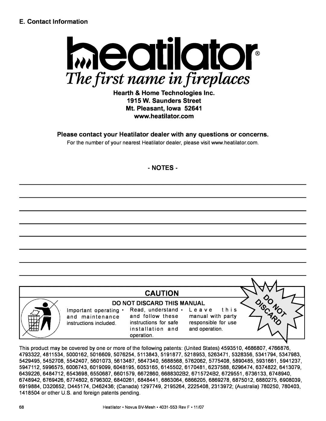 Heatiator NB3933MI E. Contact Information, Hearth & Home Technologies Inc, 1915 W. Saunders Street Mt. Pleasant, Iowa 