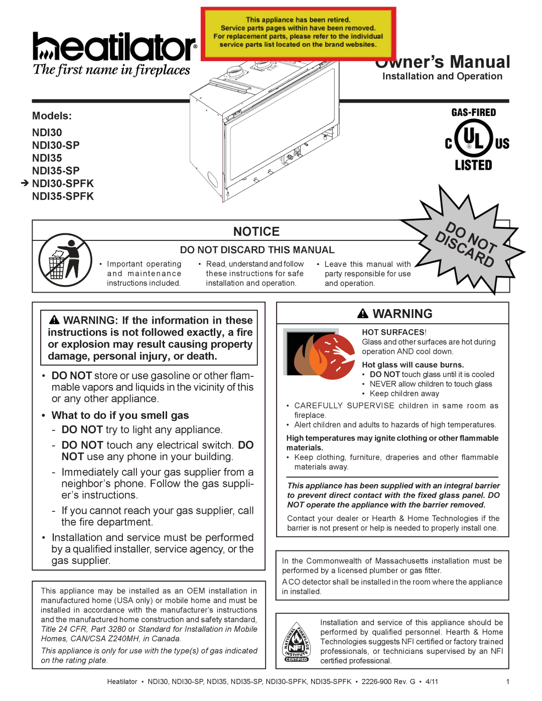 Heatiator NDI35-SPFK, NDI30-SPFK owner manual Models, What to do if you smell gas, HOT Surfaces 