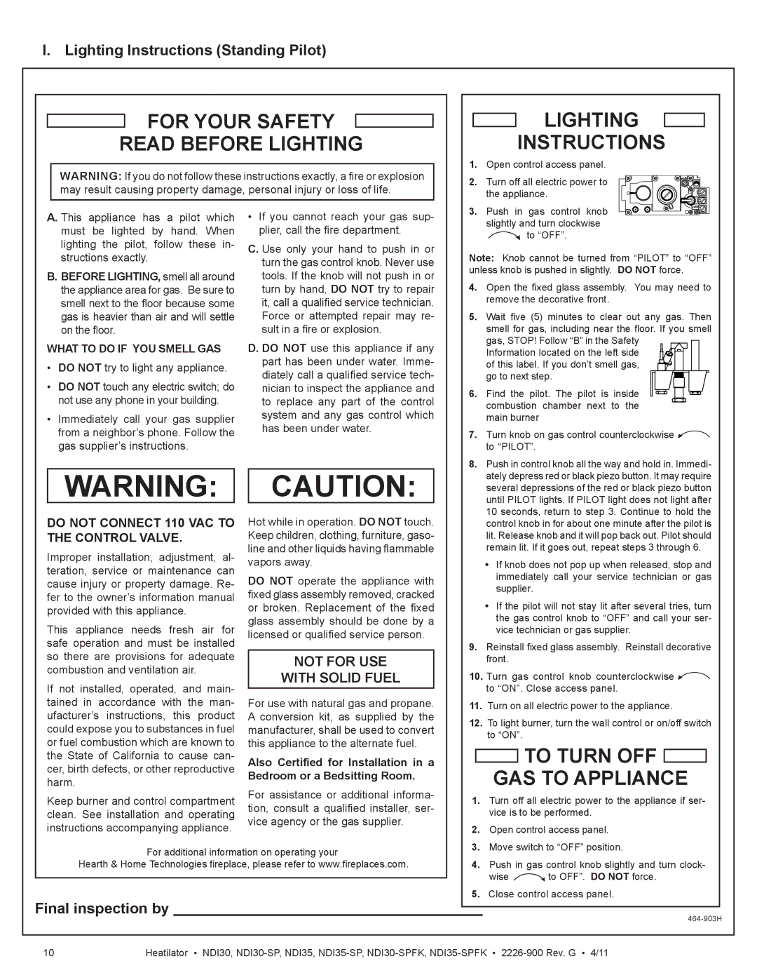 Heatiator NDI35, NDI30 For Your Safety Read Before Lighting Lighting Instructions, Lighting Instructions Standing Pilot 