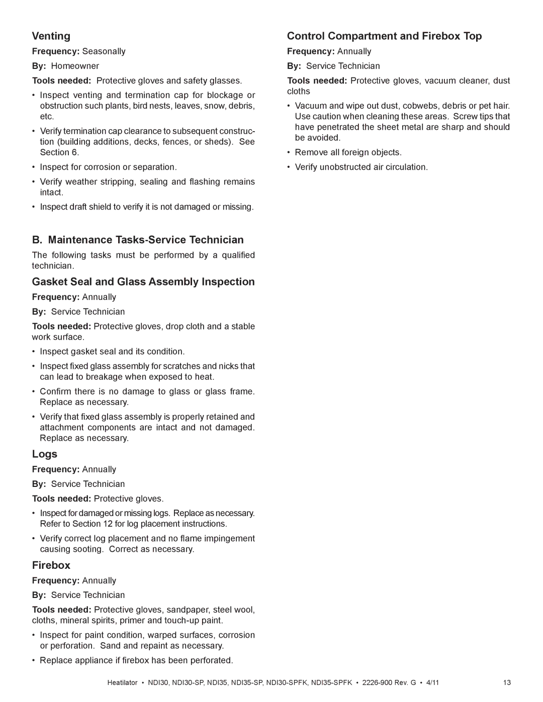 Heatiator NDI30 Venting, Maintenance Tasks-Service Technician, Gasket Seal and Glass Assembly Inspection, Logs, Firebox 