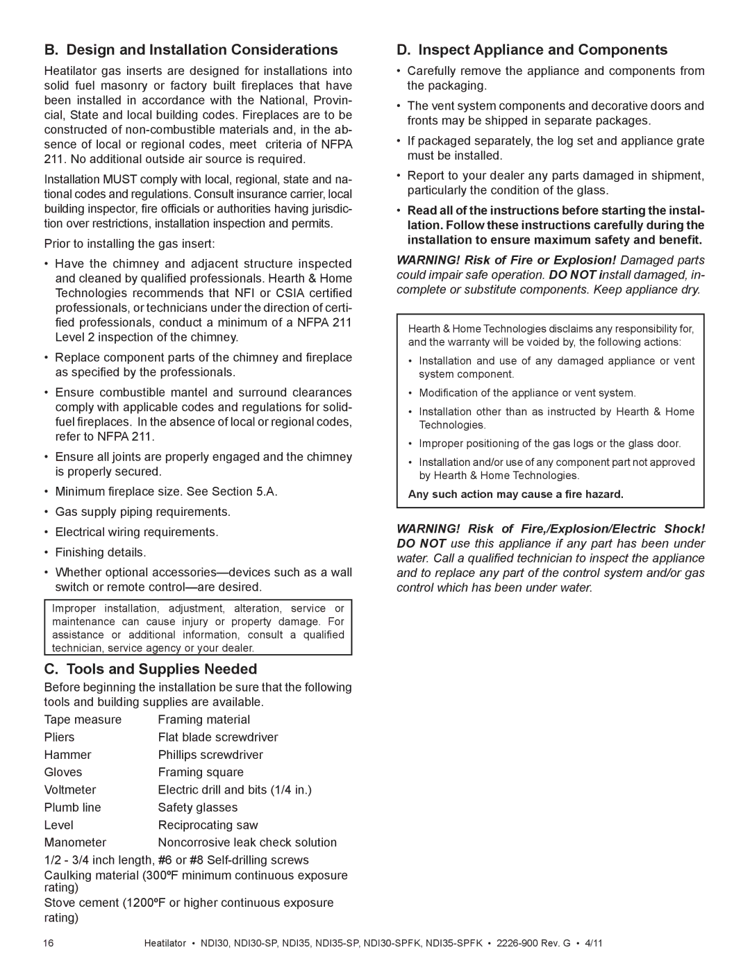 Heatiator NDI35, NDI30 Design and Installation Considerations, Tools and Supplies Needed, Inspect Appliance and Components 