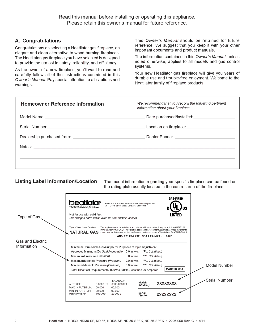 Heatiator NDI30-SPFK, NDI35-SPFK owner manual Congratulations, Homeowner Reference Information, Xxxxxxxx 