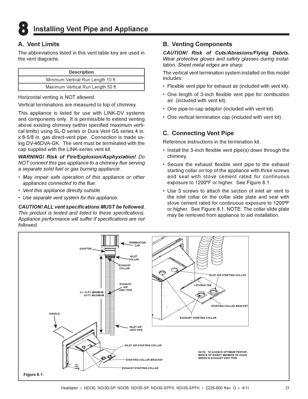 Heatiator NDI30-SP, NDI35-SPFK Installing Vent Pipe and Appliance, Vent Limits, Venting Components, Connecting Vent Pipe 